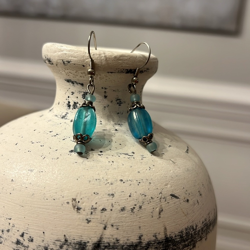 Coastal Cowgirl Bohemian Turquoise Glass Bead and Silver Handmade Earrings